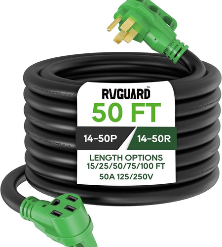 50 Amp 50 Foot RV/EV Extension Cord, NEMA 14-50P/R Heavy Duty Extension Cord with LED Power Indicator and Cord Organizer, Green, ETL Listed