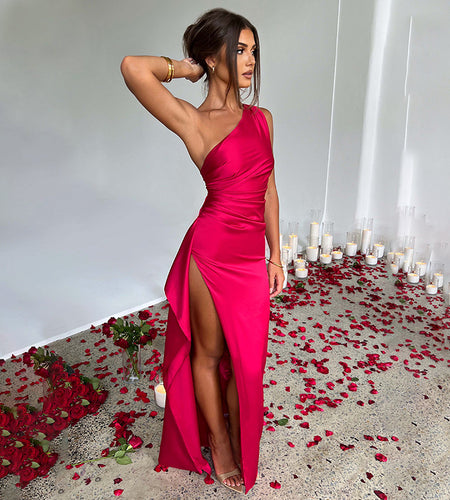 Sexy One-Shoulder Backless Slit Dress Summer Elegant Slim-Fit Solid Color Satin Dresses for Women