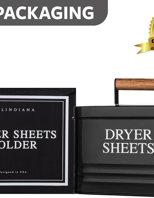 Load image into Gallery viewer, Modern Farmhouse Metal Laundry Dryer Sheets Holder Fabric Softener Dispenser with Lid for Laundry Room Decor and Accessories and Space Saving Laundry Organization and Storage, Glossy Black
