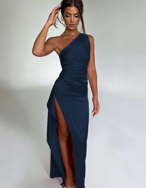 Load image into Gallery viewer, Sexy One-Shoulder Backless Slit Dress Summer Elegant Slim-Fit Solid Color Satin Dresses for Women
