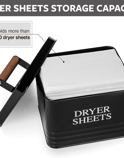 Load image into Gallery viewer, Modern Farmhouse Metal Laundry Dryer Sheets Holder Fabric Softener Dispenser with Lid for Laundry Room Decor and Accessories and Space Saving Laundry Organization and Storage, Glossy Black
