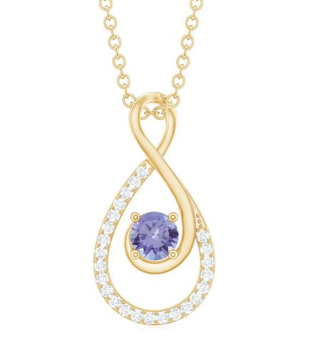 Natural Tanzanite Infinity Pendant Necklace (AAA Grade) - Tanzanite Diamond Necklace - Ready to Gift for Valentines, 14K Yellow Gold