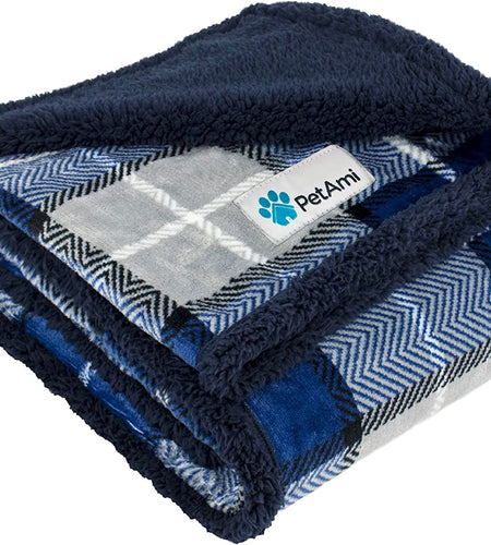 Dog Blanket, Plaid Sherpa Dog Blanket | Plush, Reversible, Warm Pet Blanket for Dog Bed, Couch, Sofa, Car (Navy, 60X80 Inches)