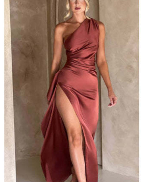Load image into Gallery viewer, Sexy One-Shoulder Backless Slit Dress Summer Elegant Slim-Fit Solid Color Satin Dresses for Women
