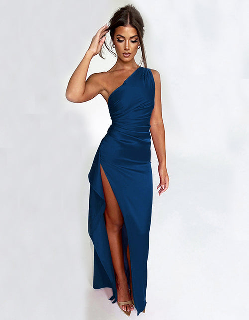 Load image into Gallery viewer, Sexy One-Shoulder Backless Slit Dress Summer Elegant Slim-Fit Solid Color Satin Dresses for Women
