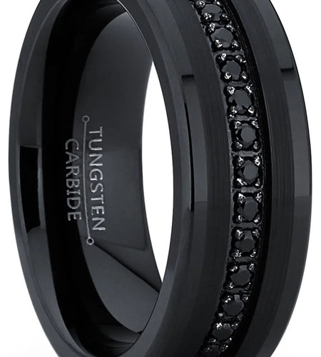 Mens Genuine Tungsten Black Wedding Band Eternity Ring Cubic Zirconia Comfort-Fit