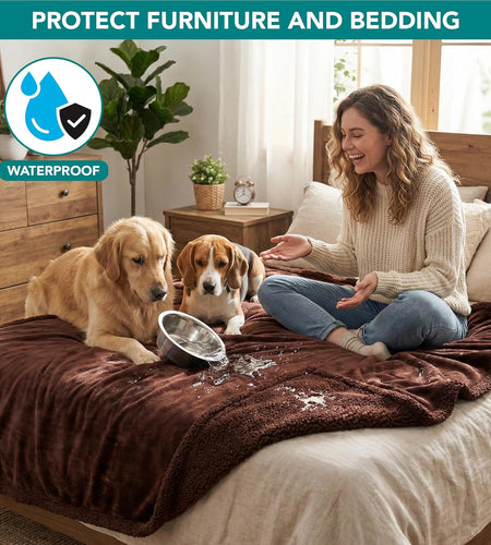 Waterproof Dog Blanket for Bed, Couch, Sofa | Waterproof Dog Bed Cover for Large Dogs, Puppies | Sherpa Fleece Pet Blanket Furniture Protector | Reversible Microfiber