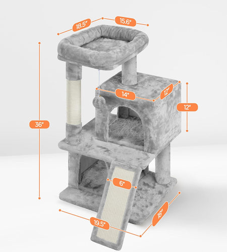 36In Cat Tree Cat Tower Play House Climber Stand Furniture with Scratching Post, Plush Perch, Dangling Ball, Two Condo and Ramp, Suit for Kittens, Cats and Pet