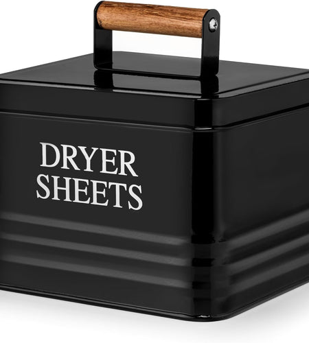 Modern Farmhouse Metal Laundry Dryer Sheets Holder Fabric Softener Dispenser with Lid for Laundry Room Decor and Accessories and Space Saving Laundry Organization and Storage, Glossy Black