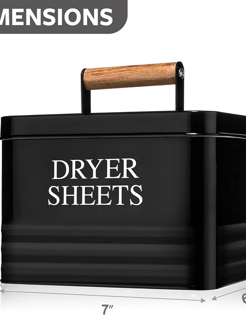 Load image into Gallery viewer, Modern Farmhouse Metal Laundry Dryer Sheets Holder Fabric Softener Dispenser with Lid for Laundry Room Decor and Accessories and Space Saving Laundry Organization and Storage, Glossy Black
